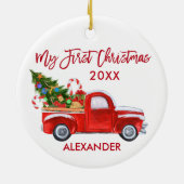 Mijn eerste kersttruck Candy Canes Baby Red Keramisch Ornament (Achterkant)