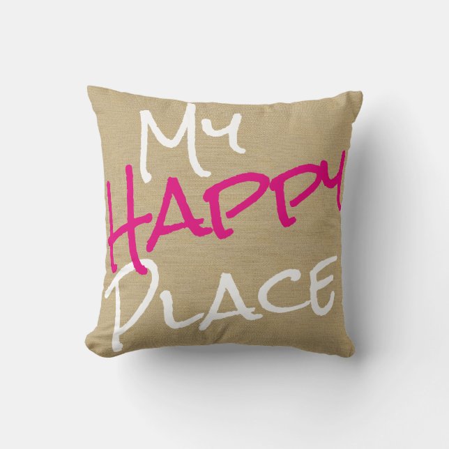 Mijn Happy Place roze en White Canvas Print Kussen (Voorkant)