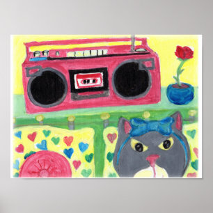 Mijn kamer Boombox Girl Cat Folk Art Cute Teen Poster