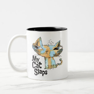 Mijn kat slaat grappige bruin/blauwe kat illustrat tweekleurige koffiemok