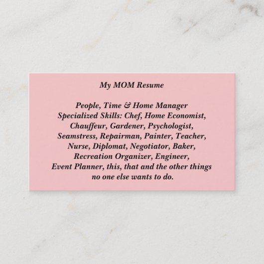 Mijn moeder hervat de roekkaart contactkaartje (Voorkant)