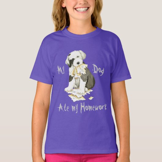 Mijn oude Engelstalige Sheepdog Ate Mijn thuiswerk T-shirt (Voorkant)
