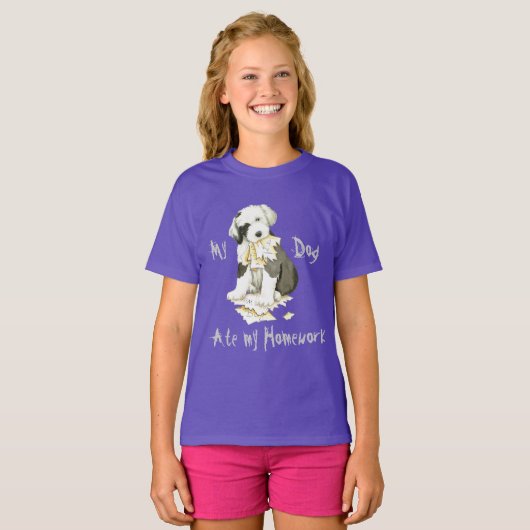 Mijn oude Engelstalige Sheepdog Ate Mijn thuiswerk T-shirt (Voorkant volledig)