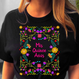 Mijn Quince Anos Mexicaans Feest Zwart Roze Verjaa T-shirt