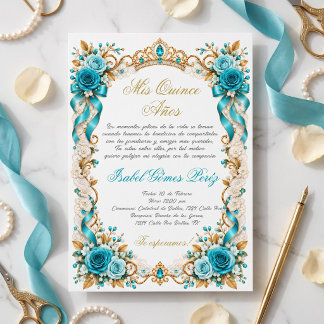 Mijn Quince Años, Teal Rozen Gouden Tiara Kaart