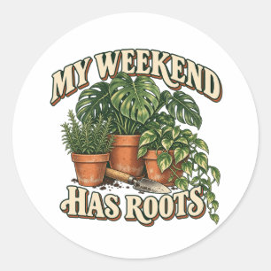 Mijn Weekend Heeft Wortels Retro Kamerplanten Ronde Sticker