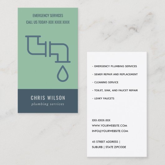 MIJNHEER GROEN NAVY PLUMBER SERVICE PIPES PLUMBING VISITEKAARTJE (Voorkant / Achterkant)