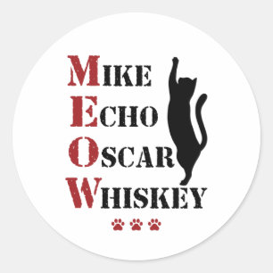 Mike Echo Oscar Whiskey MEOW Cat Ronde Sticker
