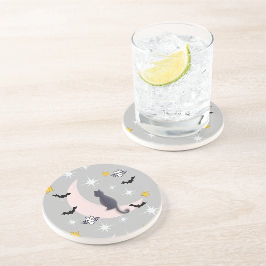 Mikitiez zwarte kat vleermuis halloween herfst win zandsteen onderzetter (Zijkant)