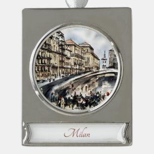 Milaan, Italië Travel Art Waterverf Ornament Verzilverd Banner Ornament
