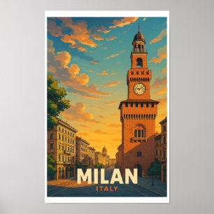 Milan Italie Affiche de voyage vintage Castello