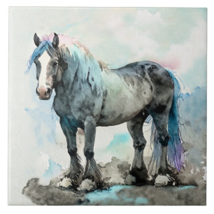 Milde Shire Horse Waterverf Blauw Tegeltje
