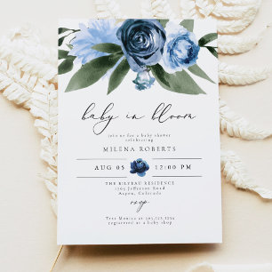 MILENA Dusty Blue Floral Baby shower Kaart
