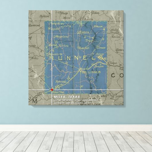  Miles, Texas Map Stretched Canvas Afdrukken (Insitu (Houten vloer))