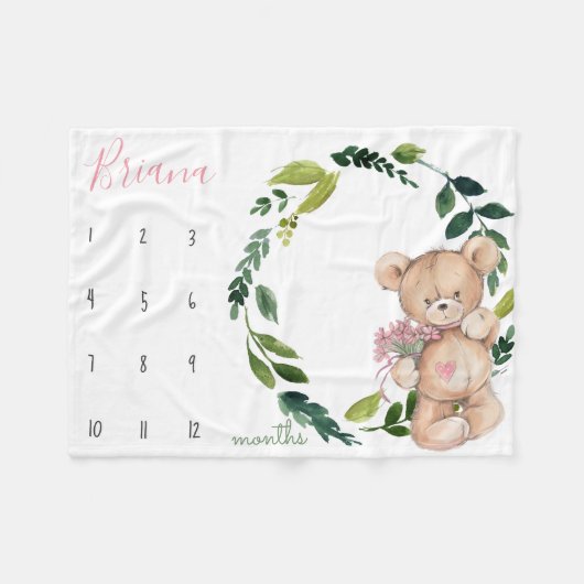 Milestone Growth Tracker - Teddybeer en groen Fleece Deken (Voorkant (Horizontaal))