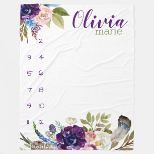 Milestone Growth Tracker waterverf paarse bloemen Fleece Deken