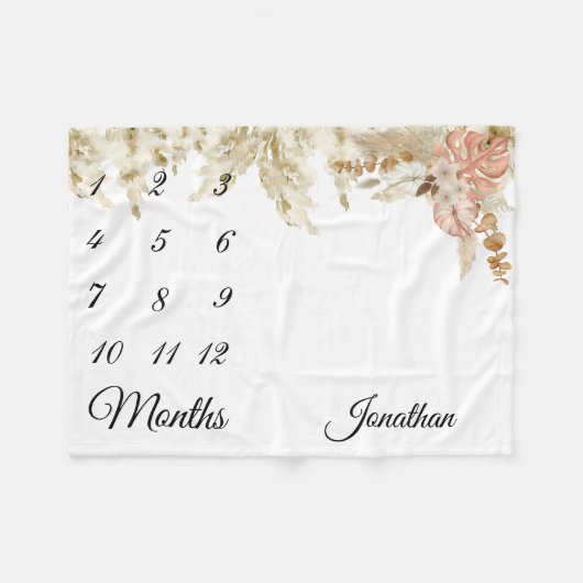 Milestone Tropical Boho Pampas Grass earthy Fleece Deken (Voorkant (Horizontaal))