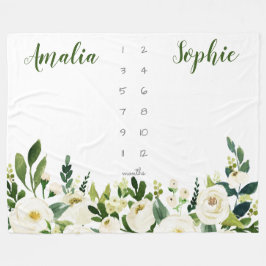 Milestone twin baby meisje waterverf bloemen fleece deken