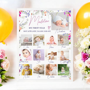 Milestone voor het eerste jaar van Floral Baby Poster