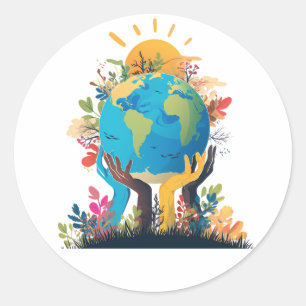 Milieu - Aarde Illustratie met Hand & Zon Ronde Sticker