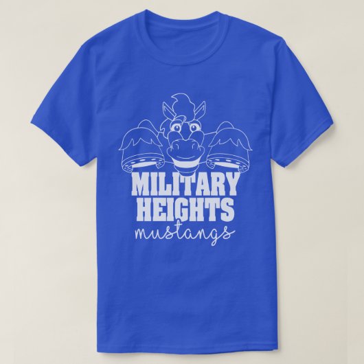 Militaire Hoogte Mustangs wit op blauw T-shirt (Design voorkant)