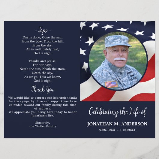 Militaire USA Drapeau Programme de funérailles du  (Devant)