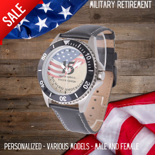 Military Retirement Watch US vlag Tekst toevoegen Horloge