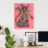 Millefiori Cat met Red Rose Poster (Thuiskantoor)