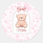 Millie | Aangepaste Roze Teddybeer Nursery Design Ronde Sticker (Voorkant)