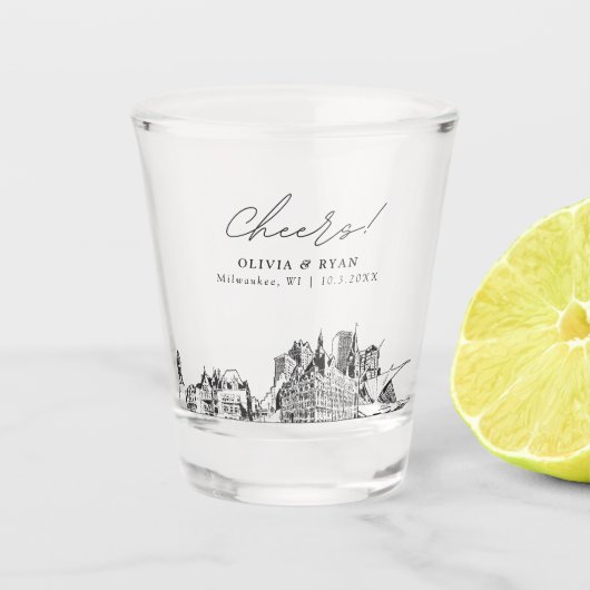 Milwaukee bruiloft gunst gepersonaliseerd gejuich shot glas (Voorkant)