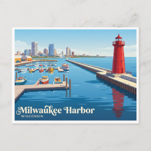 Milwaukee Harbor en Pierhead Lighthouse Wisconsin Briefkaart