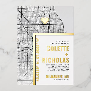 Milwaukee Love Locator   Stad thema bruiloft Folie Uitnodiging