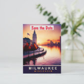 Milwaukee Riverfront Sunset trouwuitnodiging Save The Date (Staand voorkant)