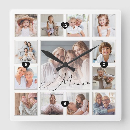 Mimi Script Family Memory Photo Grid Collage Vierkante Klok (Voorkant)