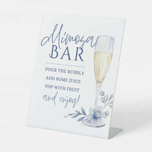 Mimosa Bar Waterverf Blauwe Bloemen Champagne Reclamebord Met Voetstuk (Voorkant)