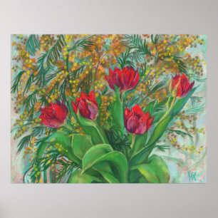 Mimosa en Tulpen, lentbloemen, houtverf Poster