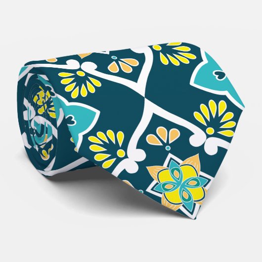 Minder en blauwgroen Azulejos met gele elementen Stropdas (Opgerold)