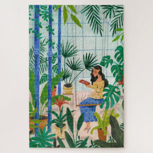 Mindful blauwe kasplanten meisje lezend legpuzzel