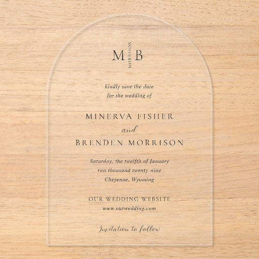 Minerva Modern Elegant Wedding Save the Date Acryl Uitnodigingen (Voorkant)