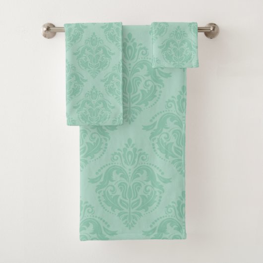 Ming-groen op groen damaspatroon bad handdoek (Insitu)