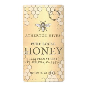 Mini 2 "x 3.75" Gold Honey Label met Heraldic Bee