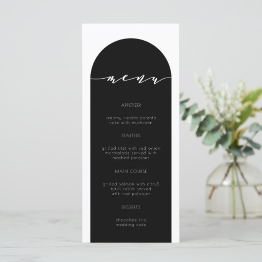 Mini Arc moderne Noir Dîner Menu Mariage (Debout devant)