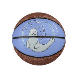 Mini Ballon De Basket Caricature joyeux de phoque et de poisson bleu