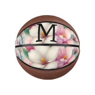 Mini Ballon De Basket Dentelle monogramme fleurs de magnolias roses viol