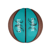Mini Ballon De Basket Nom monogramme de script turquoise moderne (Vertical)
