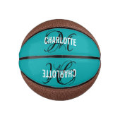 Mini Ballon De Basket Nom monogramme de script turquoise moderne (Devant)
