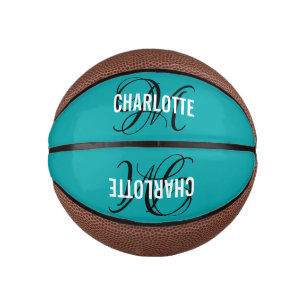 Mini Ballon De Basket Nom monogramme de script turquoise moderne