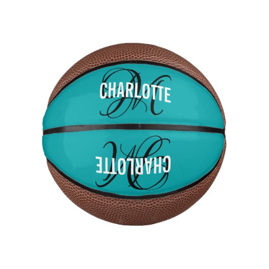 Mini Ballon De Basket Nom monogramme de script turquoise moderne (Devant)