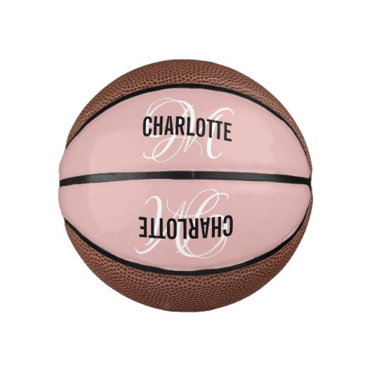Mini Ballon De Basket Script moderne blush rose monogramme nom de basket (Devant)