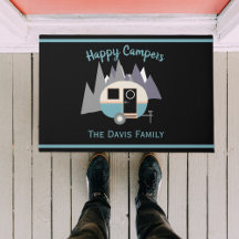 Mini Camper Trailer Blauw op Zwarte Deurmat